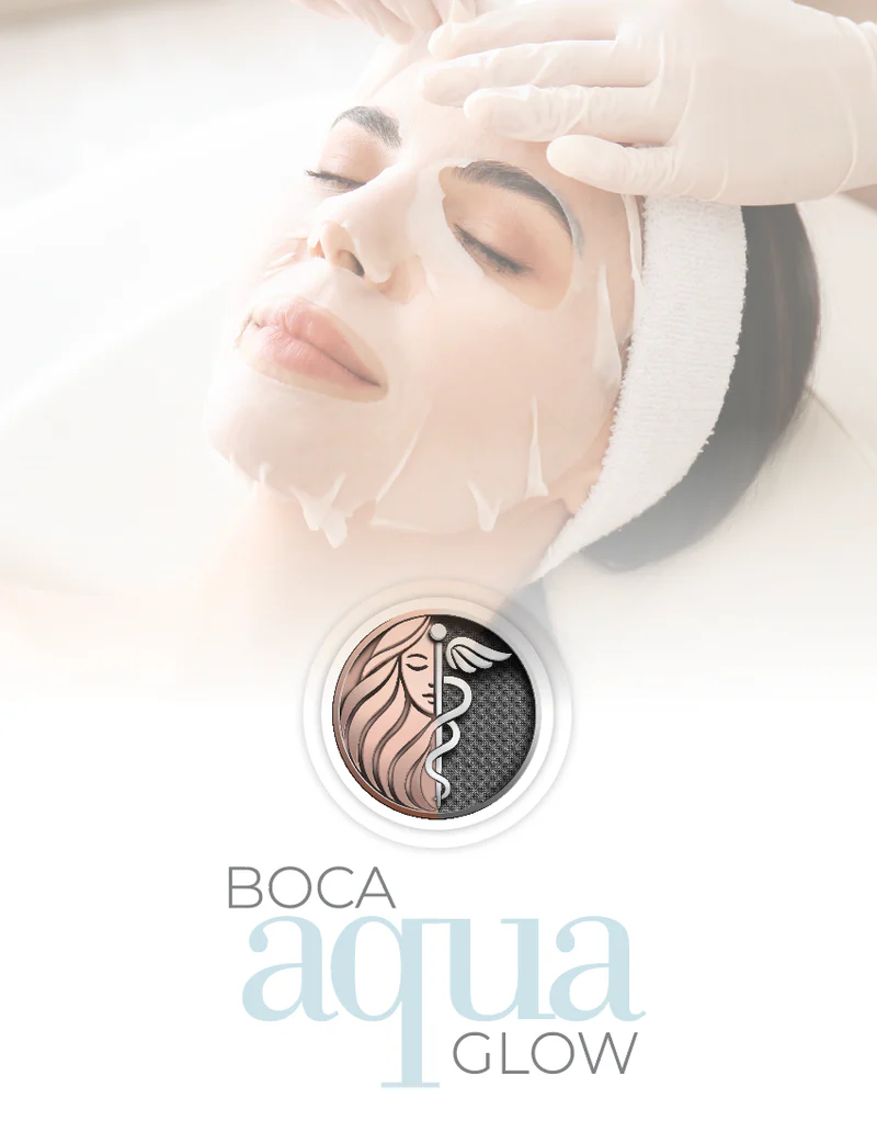 Boca Aqua Glow facial at Boca Beauty Salon & MD in Boca Raton — woman receiving a hydrating sheet-mask facial.