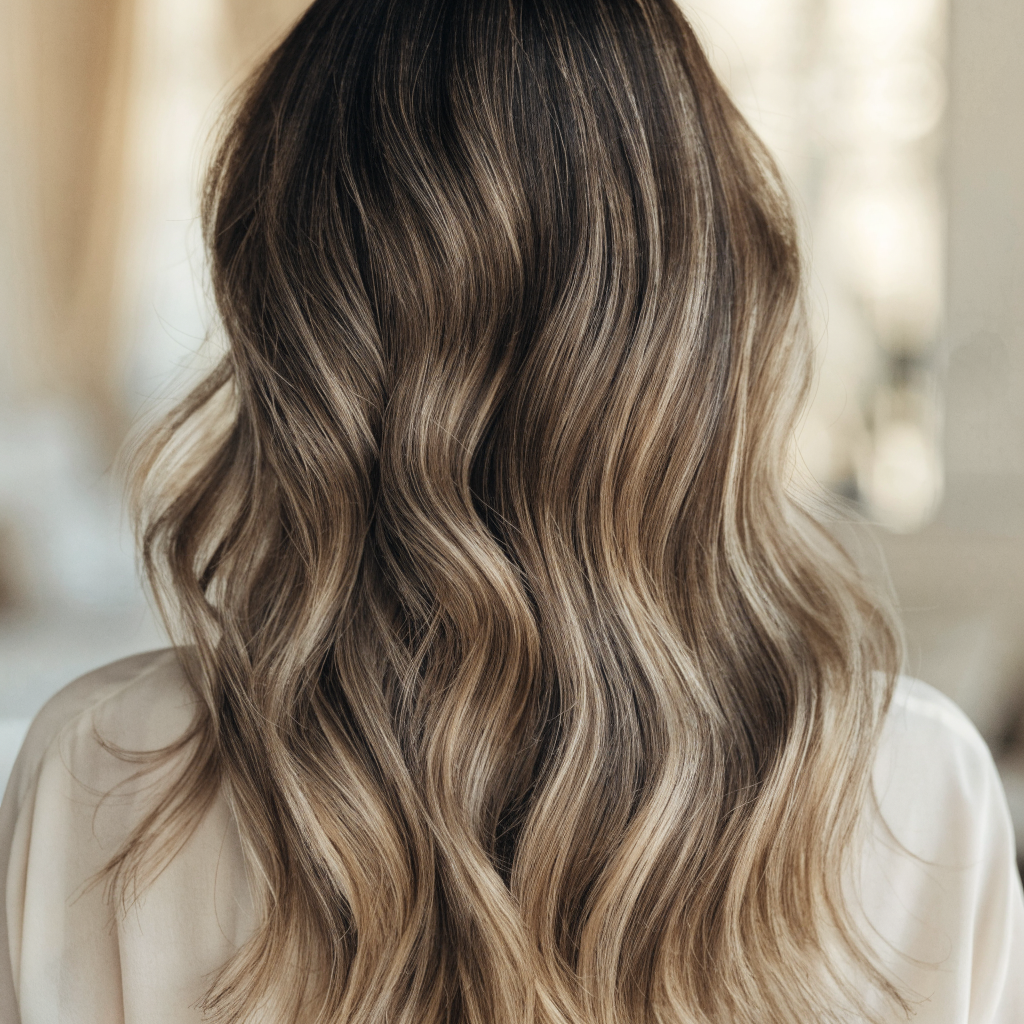 Wavy hair with dimensional balayage highlights